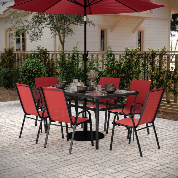 Flash Furniture Brazos 7 Pc Patio Dining Set w/Tempered Glass Patio Table and 6 Chairs w/Red Flex Comfort Material TLH-94B-303CRD-GG - main